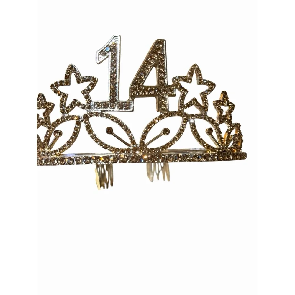 Gold 14th Birthday Tiara-Rhinestone Star‎ Princess Crown For 15th Bday